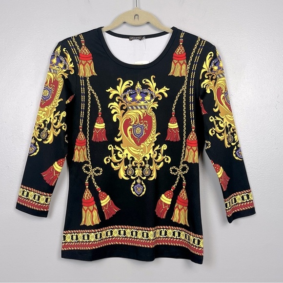 NWT J.McLaughlin Signature tee Eastbury black & gold Catalina cloth top, small. - Picture 1 of 7